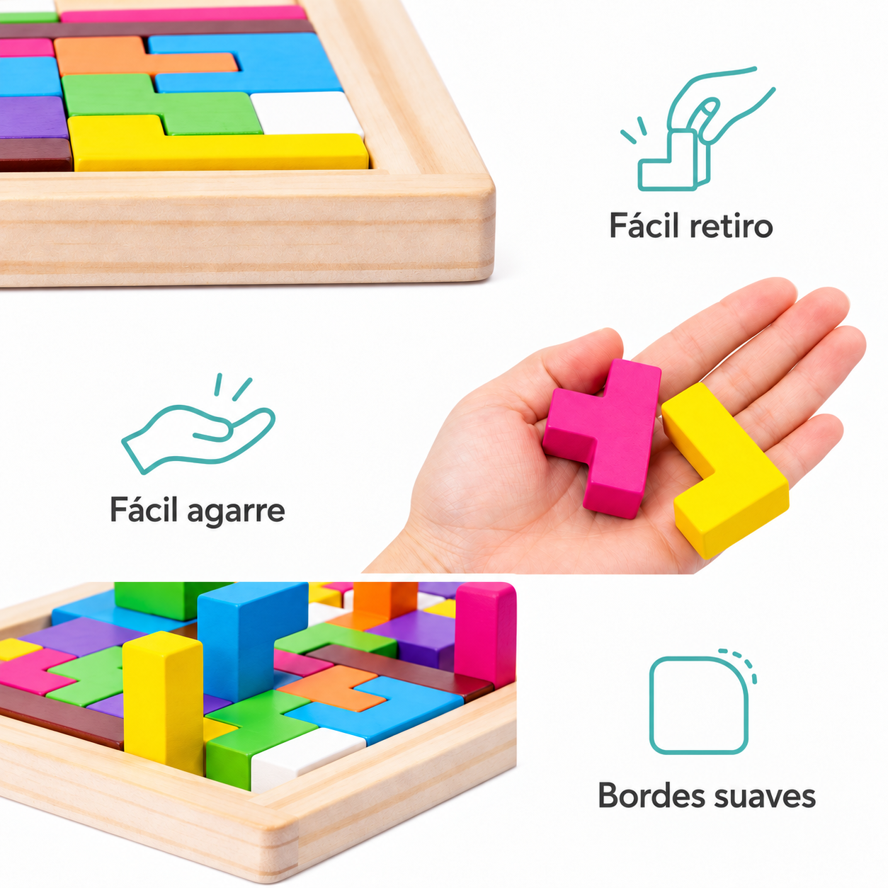 Juego de Bloques de Madera 3 en 1 – Tetris, Jenga y Creación de Figuras - Imagen 2