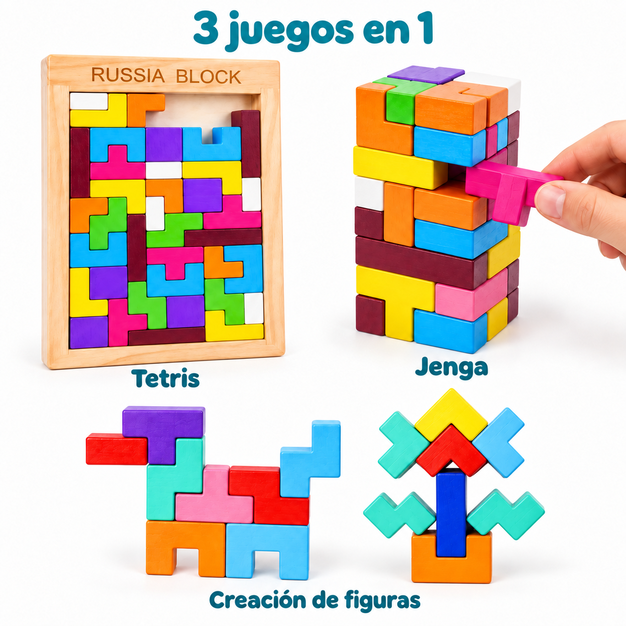 Juego de Bloques de Madera 3 en 1 – Tetris, Jenga y Creación de Figuras - Imagen 4